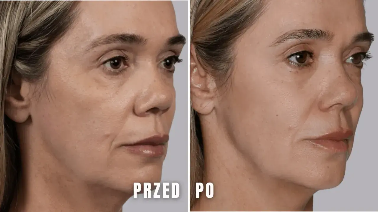 Przed i po zabiegu z kwasem polimlekowym. Zmniejszenie widoczności zmarszczek i poprawa owalu twarzy, bez powikłań.