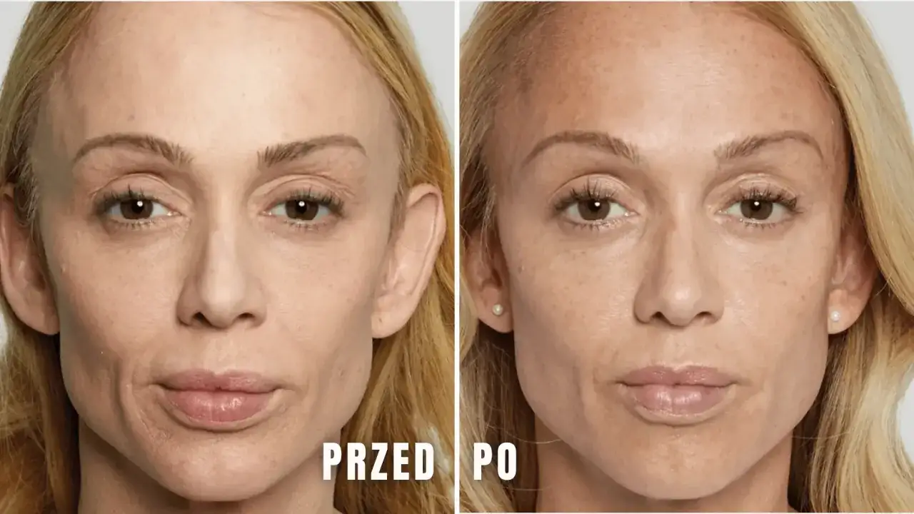 Przed i po zabiegu z kwasem polimlekowym. Zmniejszenie widoczności zmarszczek i poprawa konturów twarzy.